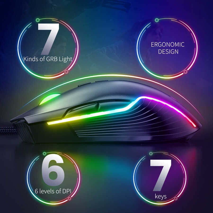 Onikuma CW905 RGB Oyuncu Mouse – 6400 DPI Ayarlanabilir, Full RGB Işıklandırma, Ergonomik Tasarımlı Kablolu Gaming Mouse